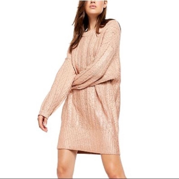 Free People XS EUC GOLD Knit Dolman Sleeve Dress OVERSIZED